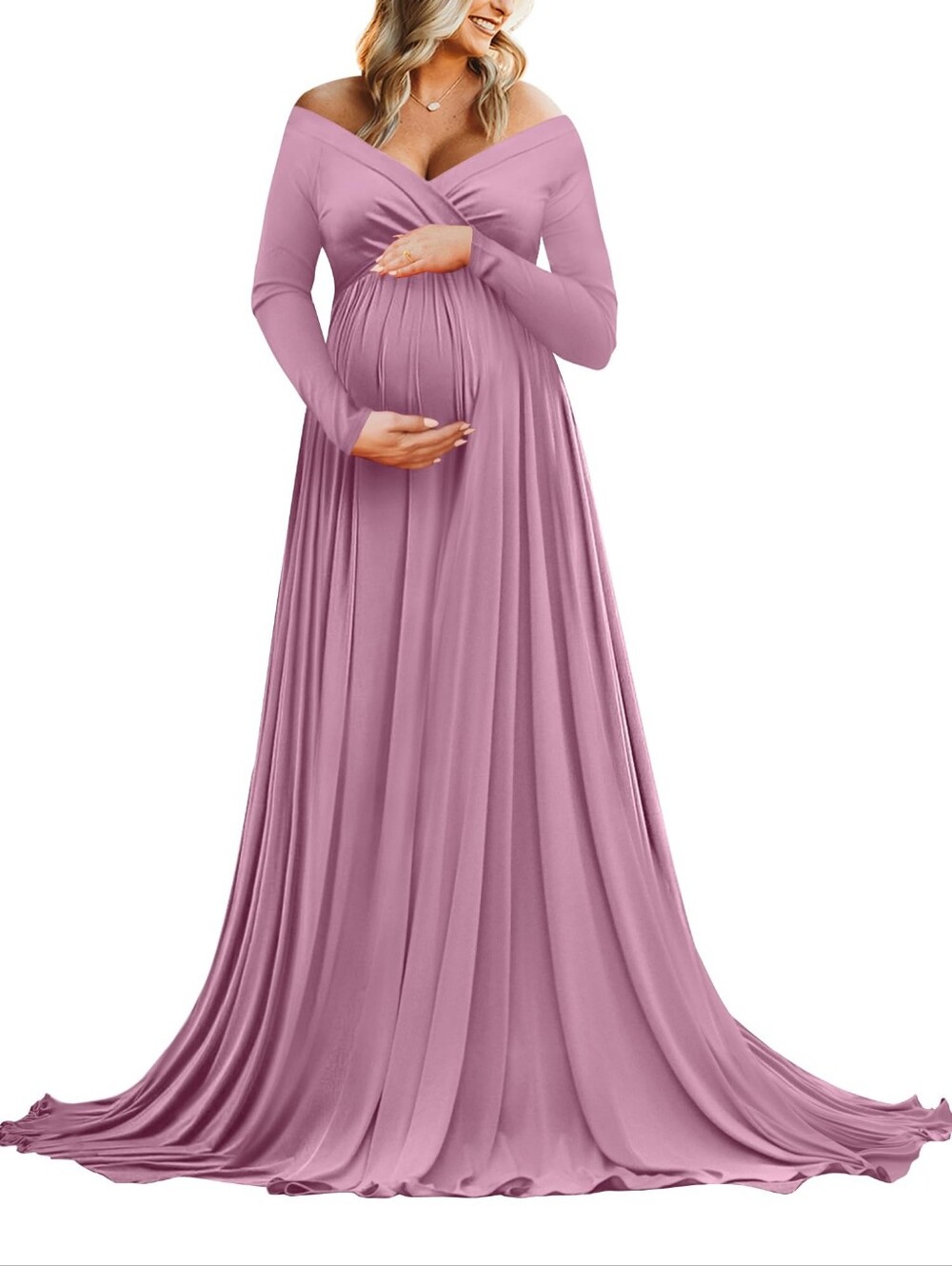 Womens Off-Shoulder Long Sleeve Circle Maternity Gown Dusty Pink Photo Shower XL